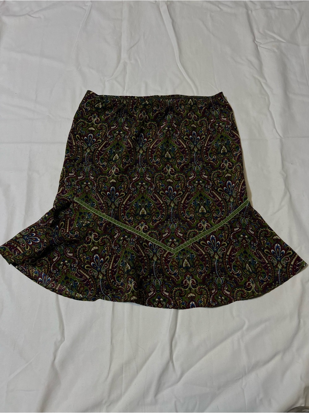 Paisley Ruffle-Hem Skater Skirt in Green and Brown